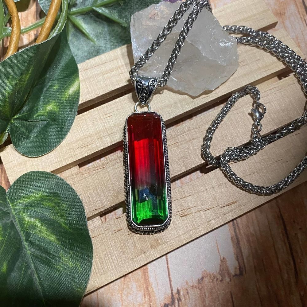 Bi-Color Tourmaline Red Green Sterling Silver Pendant Necklace